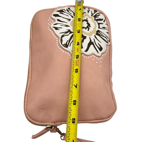 Handbag Crossbody Wristlet Wallet Makeup Bag Pink With Flowers Soft Vinyl - Picture 11 of 12